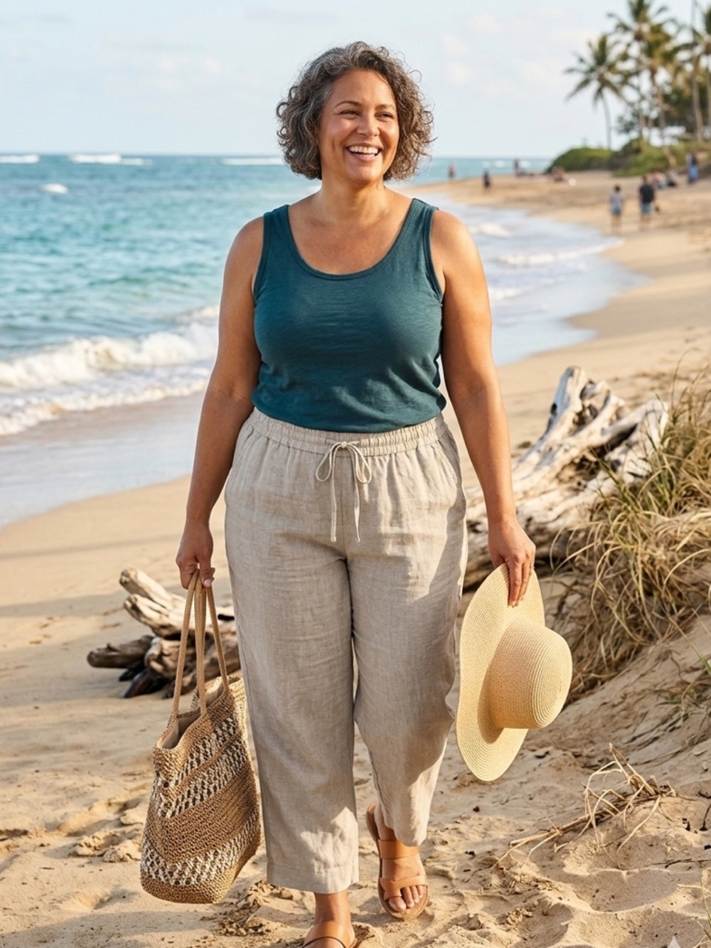 Jones New York 100% Linen Elastic Waist Women 1X Drawstring Capris Light Tan